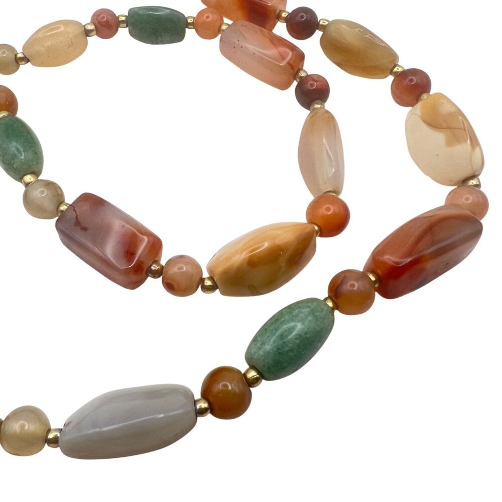Multicolor Carnelian Agate Beaded Necklace 33" Gold-Tone Barrel Earthy Boho - Picture 8 of 14